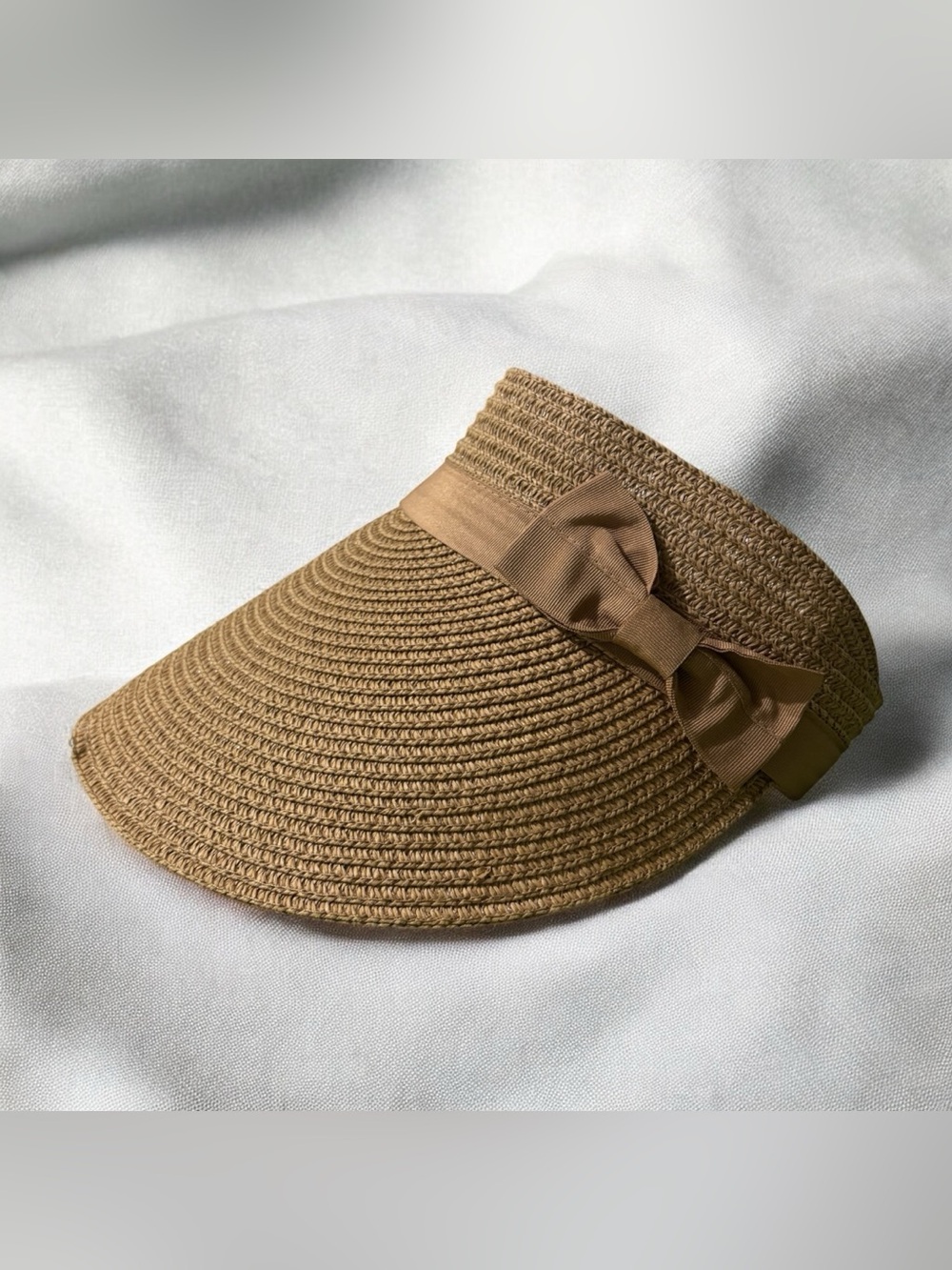 Women's Tan Straw Visor with Decorative Bow